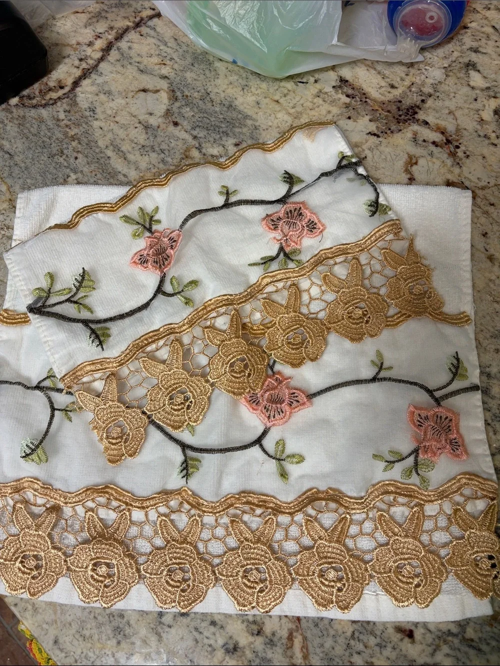 Embroidered Floral Garden White Hand Towel and Washcloth with Gold Lace Trim